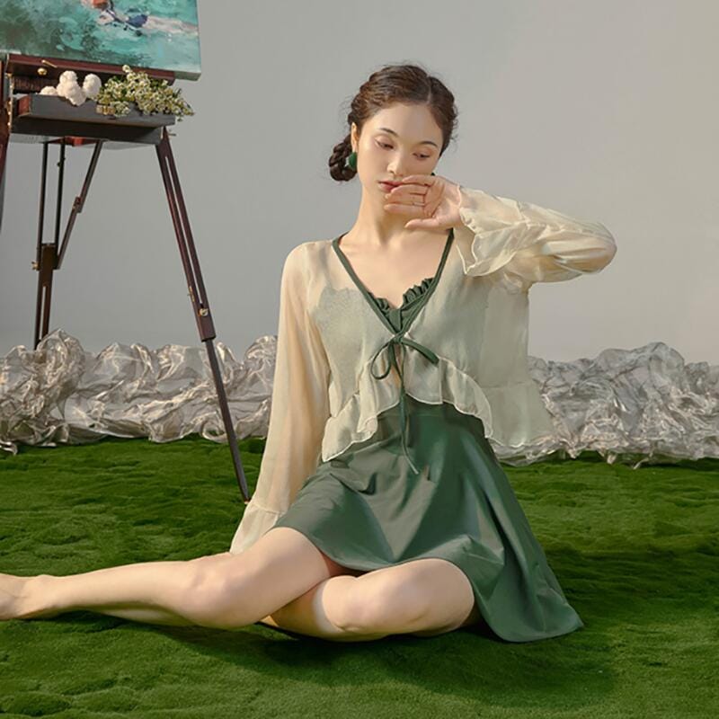 緑 黒 ワンピース水着 体型カバー水着 フリーサイズ レディース 女性 オトナ女子 ママ水着 フレア 無地 ぽっちゃり 二の腕 カバーアップ 20代 30代 40代 夏 プール 海