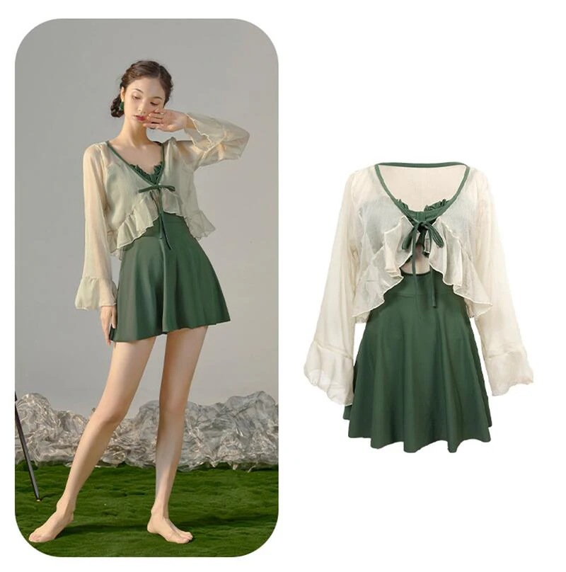 緑 黒 ワンピース水着 体型カバー水着 フリーサイズ レディース 女性 オトナ女子 ママ水着 フレア 無地 ぽっちゃり 二の腕 カバーアップ 20代 30代 40代 夏 プール 海