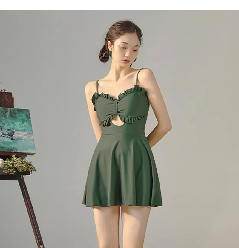 緑 黒 ワンピース水着 体型カバー水着 フリーサイズ レディース 女性 オトナ女子 ママ水着 フレア 無地 ぽっちゃり 二の腕 カバーアップ 20代 30代 40代 夏 プール 海