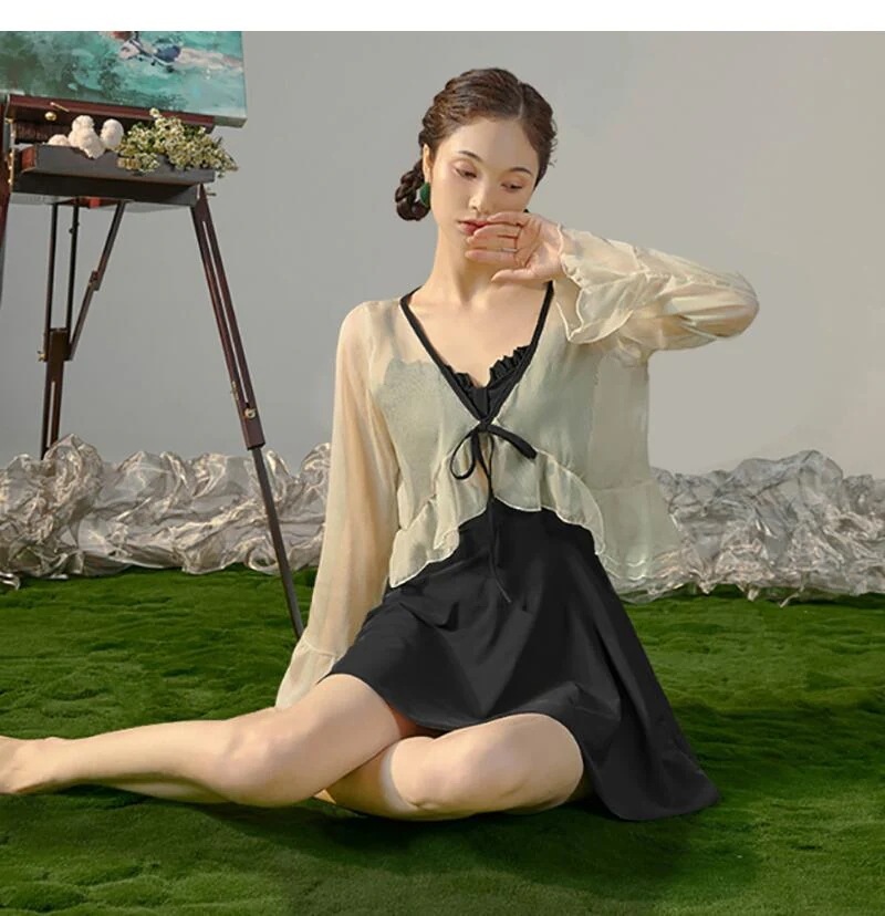 緑 黒 ワンピース水着 体型カバー水着 フリーサイズ レディース 女性 オトナ女子 ママ水着 フレア 無地 ぽっちゃり 二の腕 カバーアップ 20代 30代 40代 夏 プール 海