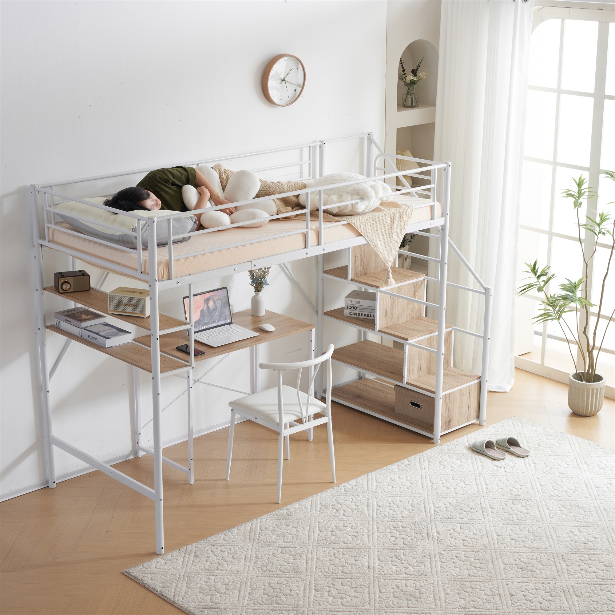 新作 ホワイト ロフトベッド 片側手すり付き 収納付き パイプベッド