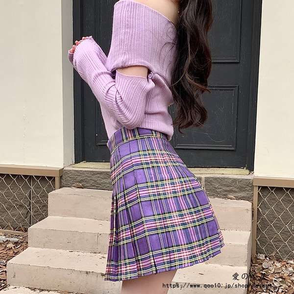 Qoo10] 紫のチェックプリーツスカート春夏ハイウエ