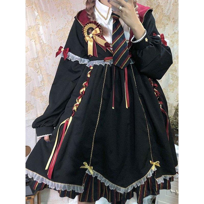 ゴスロリ　アカデミーロリータワンピース　長袖　リボンマジック　制服　パーカー付き　撮影　学園祭　ロリータアウター　ブラック　フリル