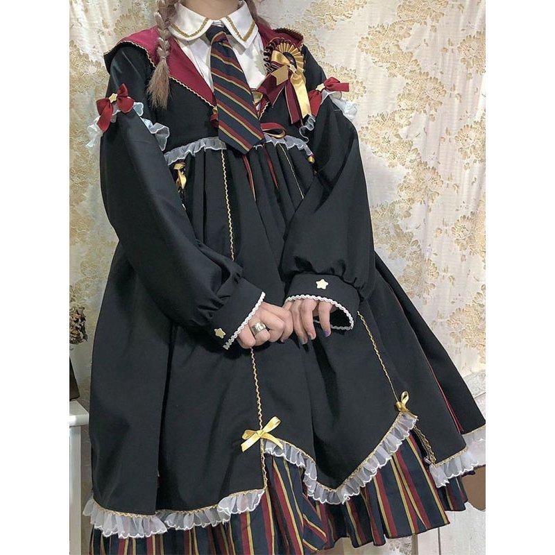 ゴスロリ　アカデミーロリータワンピース　長袖　リボンマジック　制服　パーカー付き　撮影　学園祭　ロリータアウター　ブラック　フリル