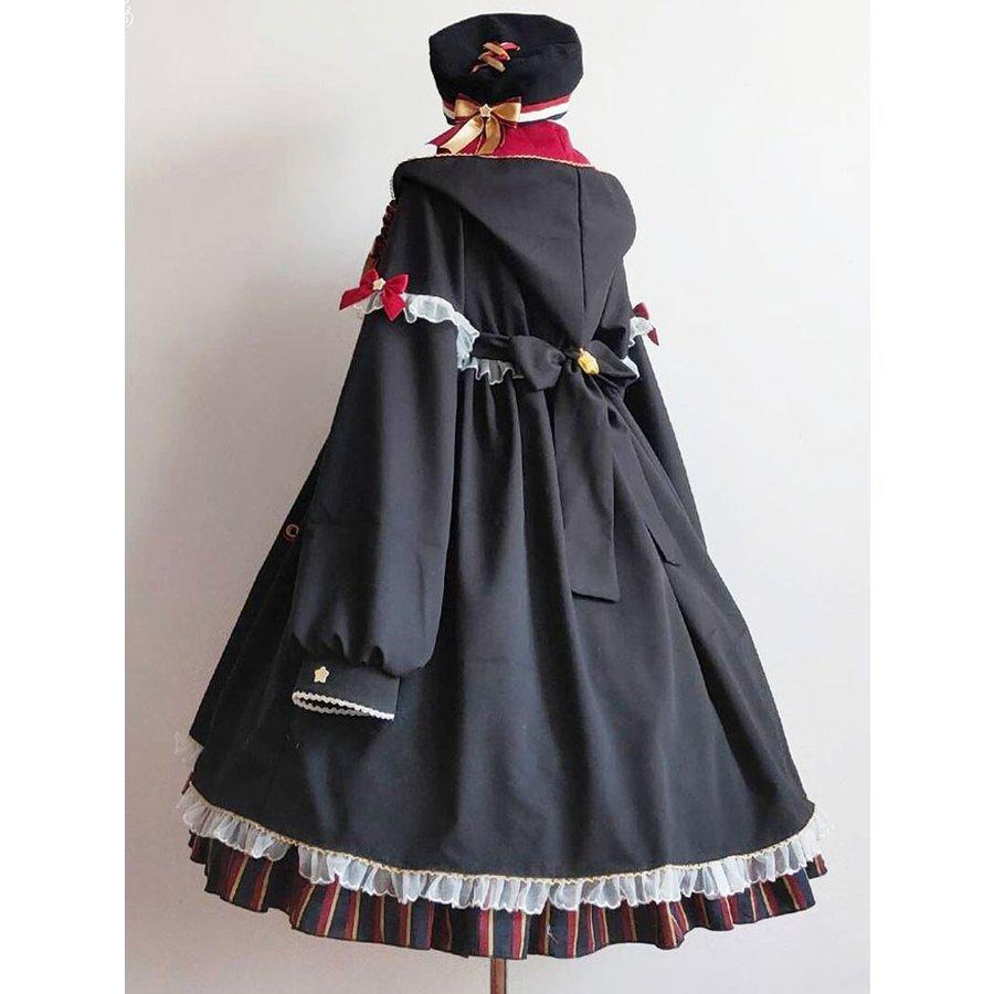 ゴスロリ　アカデミーロリータワンピース　長袖　リボンマジック　制服　パーカー付き　撮影　学園祭　ロリータアウター　ブラック　フリル