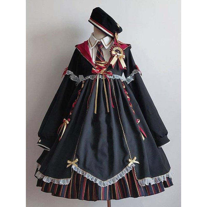 ゴスロリ　アカデミーロリータワンピース　長袖　リボンマジック　制服　パーカー付き　撮影　学園祭　ロリータアウター　ブラック　フリル