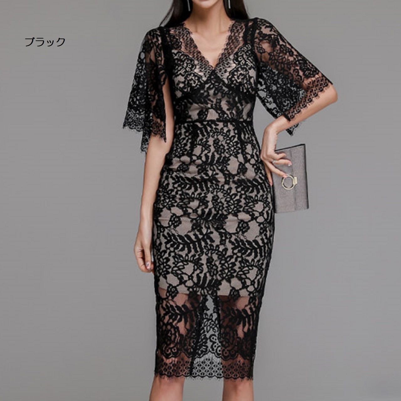 新作 夏 総レースワンピース Vネック ミドル丈 ヒップスカート マントスリーブ ホワイト ブラック 新作 夏 総レースワンピース Vネック ミドル丈 ヒップスカート マントスリーブ ホワイト ブラック
