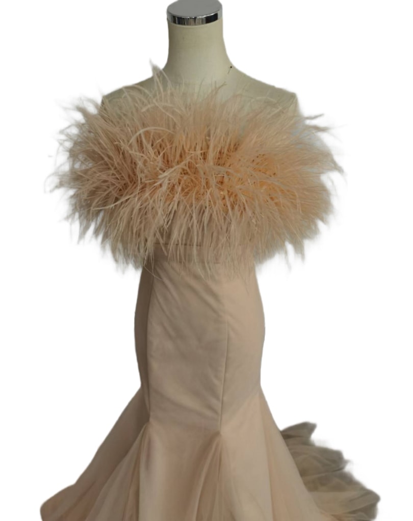 人気上昇！薄ピンク カラードレス フェザー ベアトップ マーメイドライン 花嫁 前撮り