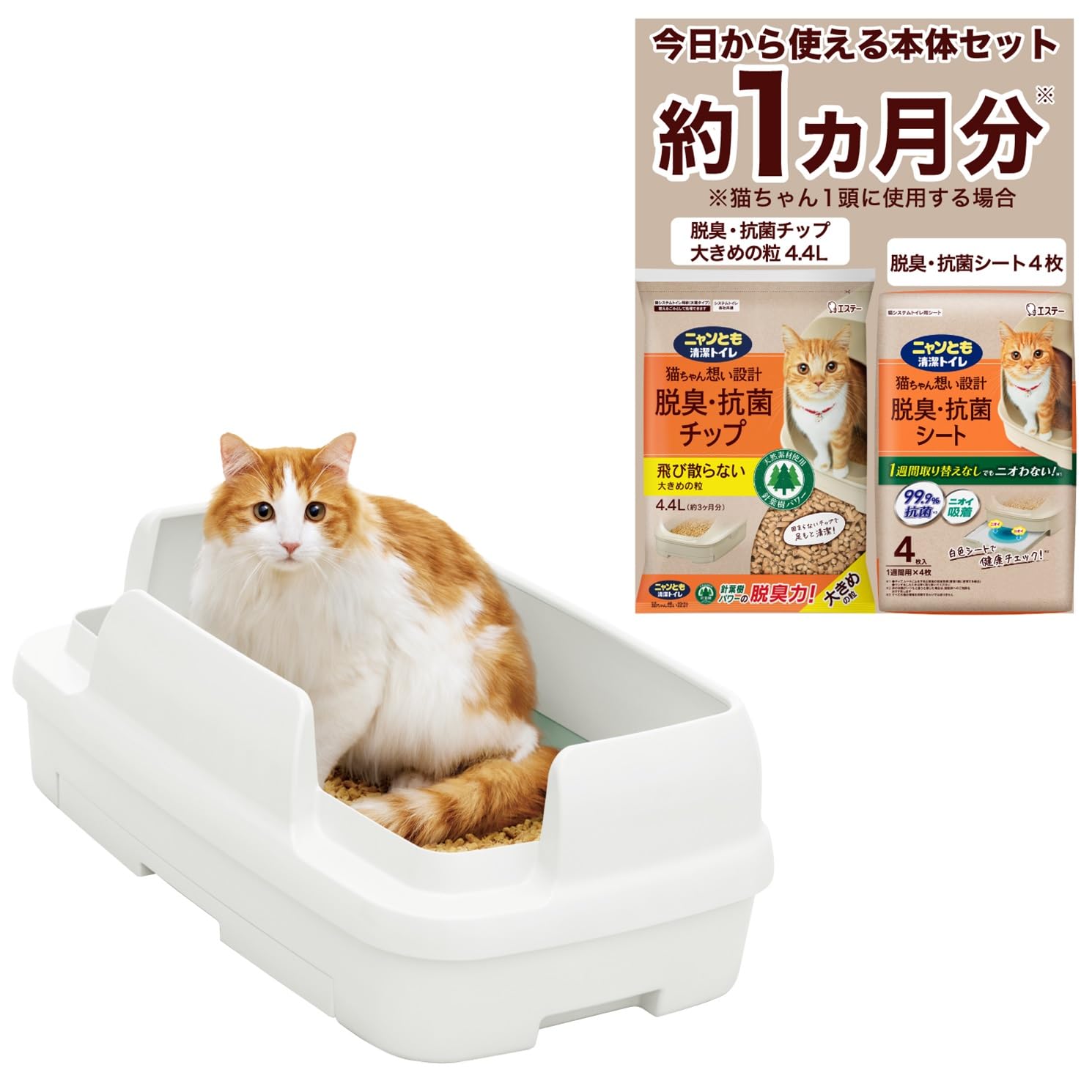 ニャンとも清潔トイレ 猫 トイレ 大型 本体セット [約1ヵ月分 猫砂・シート付] のびのびリラックス ホワイト＆ライトグリーン [Amazon.co.jp 限定] 複数飼育 大きめ ワイド 多頭 猫