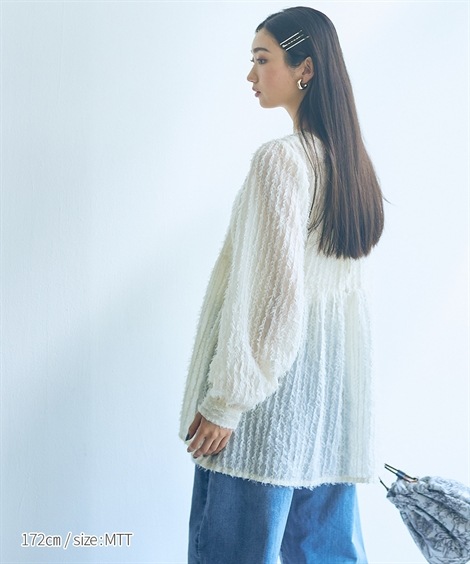 シャツブラウス 高身長 シアーフリンジ袖ボリュームペプラムブラウス トールサイズ Essenave シャツブラウス 高身長 シアーフリンジ袖ボリュームペプラムブラウス トールサイズ Essenave