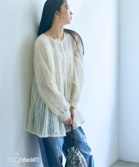 シャツブラウス 高身長 シアーフリンジ袖ボリュームペプラムブラウス トールサイズ Essenave シャツブラウス 高身長 シアーフリンジ袖ボリュームペプラムブラウス トールサイズ Essenave