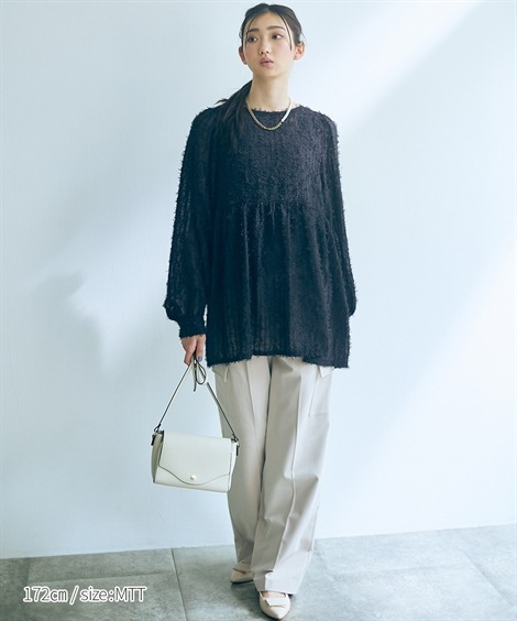 シャツブラウス 高身長 シアーフリンジ袖ボリュームペプラムブラウス トールサイズ Essenave シャツブラウス 高身長 シアーフリンジ袖ボリュームペプラムブラウス トールサイズ Essenave