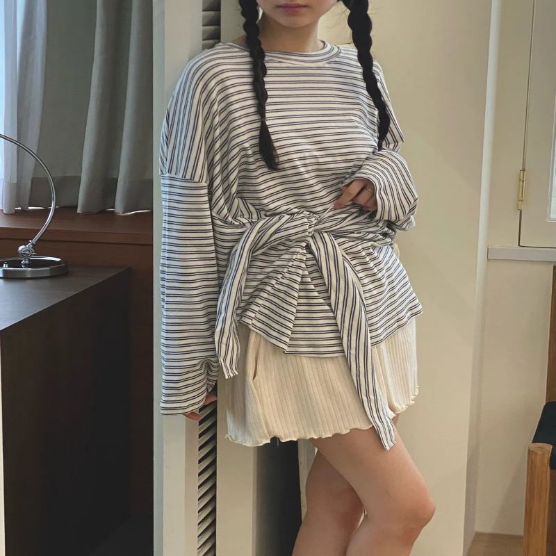 フロントリボン付き ボーダーロングスリーブトップス(韓国セレクトショップ)