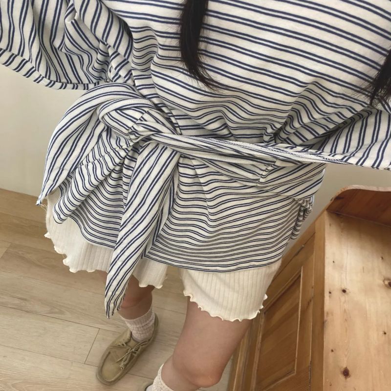 フロントリボン付き ボーダーロングスリーブトップス(韓国セレクトショップ)