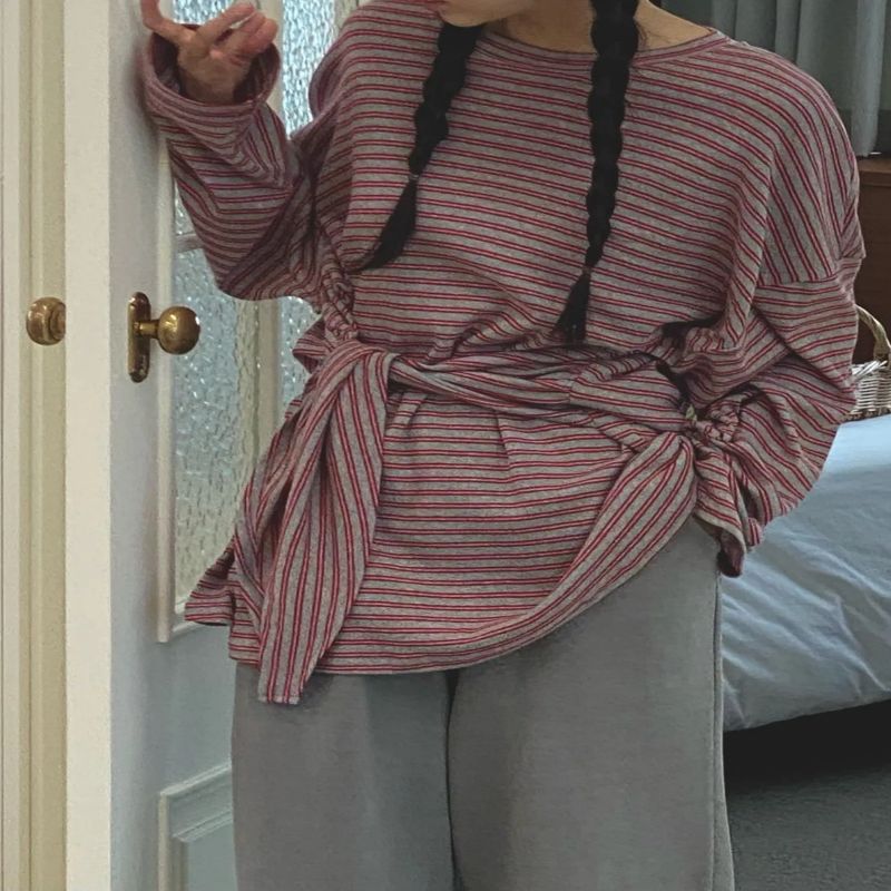 フロントリボン付き ボーダーロングスリーブトップス(韓国セレクトショップ)