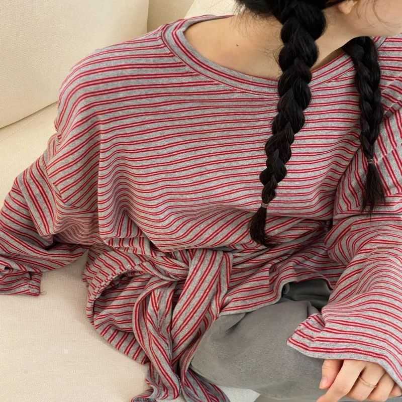 フロントリボン付き ボーダーロングスリーブトップス(韓国セレクトショップ)