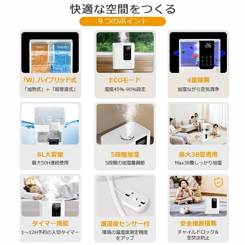 加湿器 卓上 8L 加湿機 ハイブリッド加湿器 スチーム式 四重除菌 空気清浄機 オフィス 湿度設定 自動湿度調節 空焚き防止 UVライト除菌 超音波加熱式 次亜塩素酸水対応 アロマ 省エネ メガ割