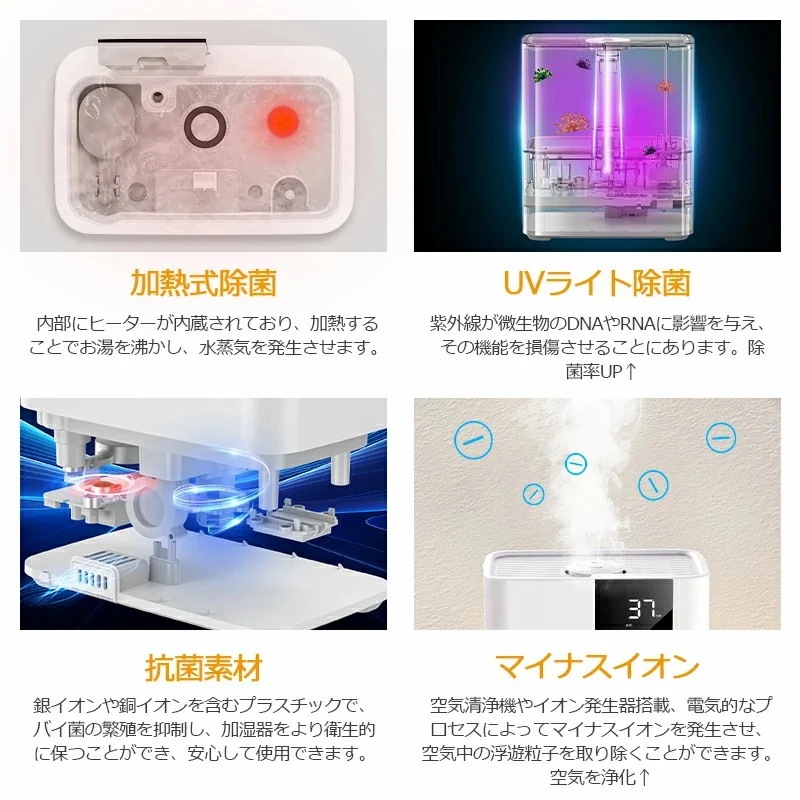 加湿器 卓上 8L 加湿機 ハイブリッド加湿器 スチーム式 四重除菌 空気清浄機 オフィス 湿度設定 自動湿度調節 空焚き防止 UVライト除菌 超音波加熱式 次亜塩素酸水対応 アロマ 省エネ メガ割
