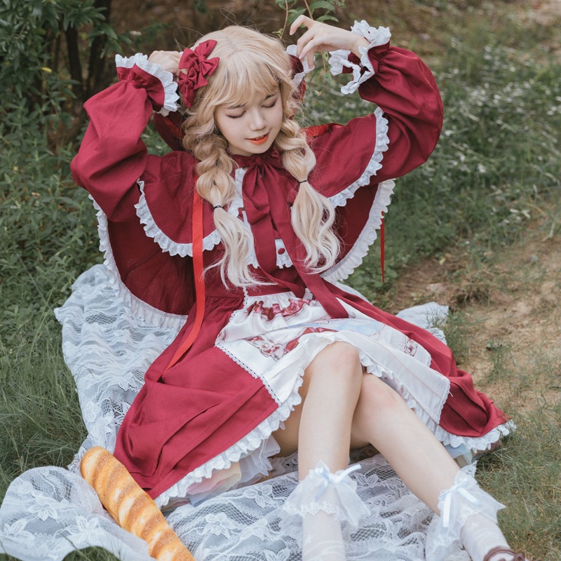韓国正規赤ずきんlolitaコスプレスカートフルセット新しい赤いかわいい蝶結びjskマント
