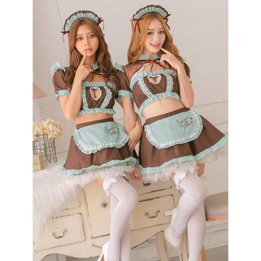 ハロウィンコスプレ メイド服 レディース 大人 ブラウン ミント メイド コスプレ セクシー コスチューム