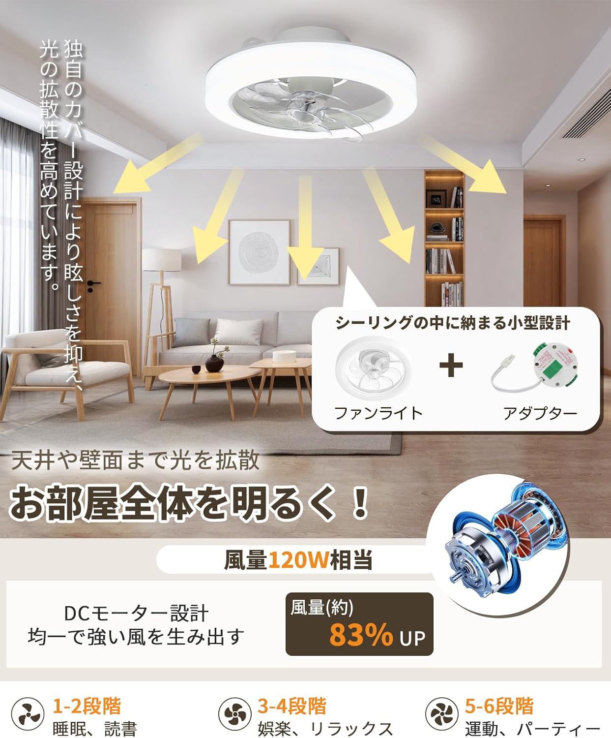 【正逆回転・首振り・静音】ONRIU シーリングファンライト led ファン付き照明 3,500LM 120W相当 6~10畳 サーキュレーター 風量6段階調節 無階段調色調光 DCモーター 【正逆回転・首振り・静音】ONRIU シーリングファンライト led ファン付き照明 3,500LM 120W相当 6~10畳 サーキュレーター 風量6段階調節 無階段調色調光 DCモーター