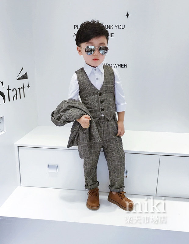 英国風チェック柄 子供服 キッズ子供スーツ 男児タキシード 3点セット お祝い男の子 子供服　 フォーマル 学園祭 卒業入学 結婚式 発表会 七五三子供服 タキシード スーツ 発表会 男の子　結婚式