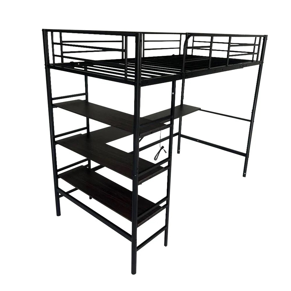 ロフトベッド シングル パイプベッド 収納棚 デスク付き 北欧風