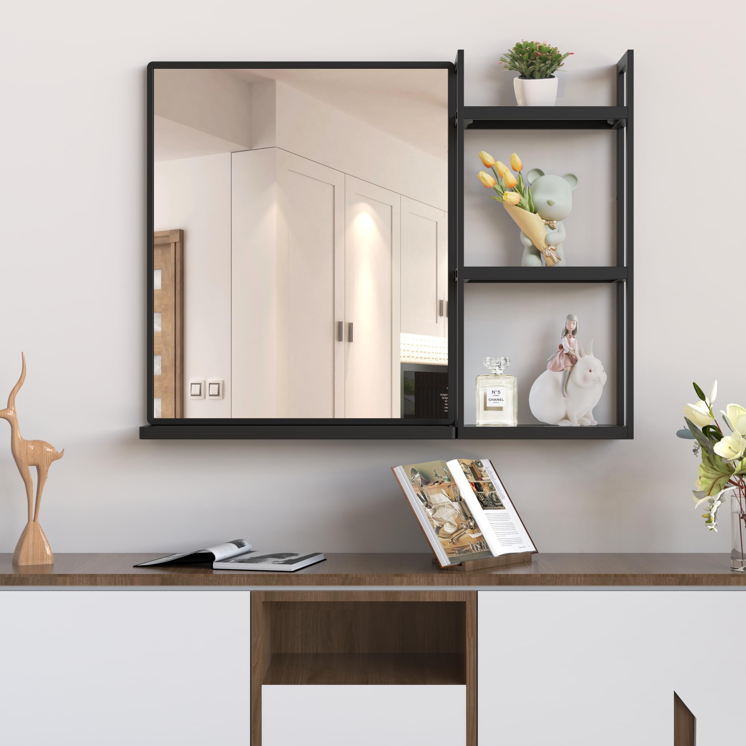 ANYHI バスルームミラー 壁用 31x24インチ マットブラックメタル モダンな長方形の壁ミラー 棚付き リビングルーム玄関に最適寝室