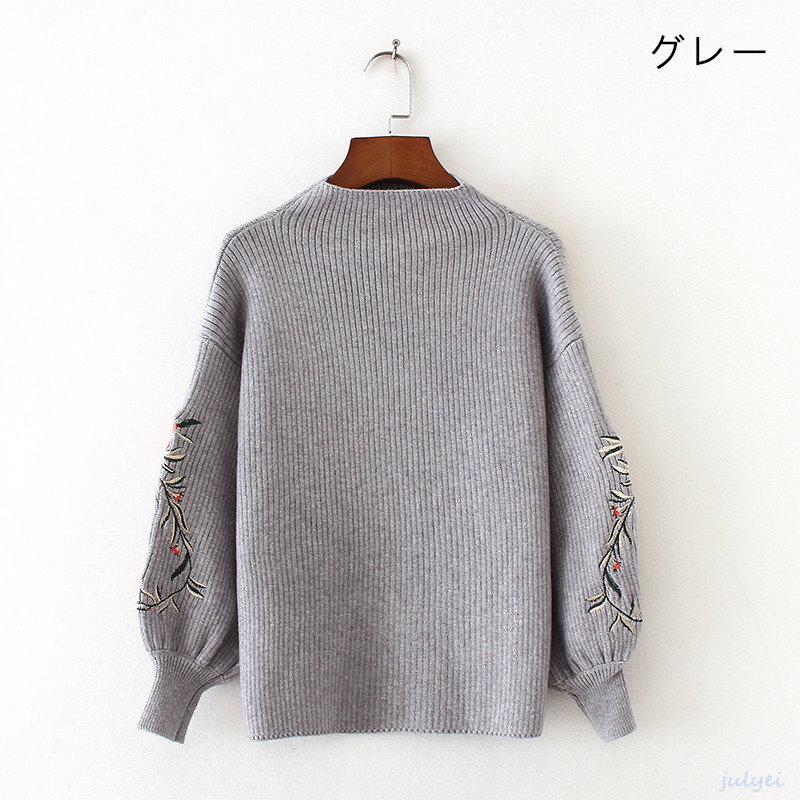 全5COLOR 花刺繡入り タートルネックニット レディースニット 長袖トップス ボリュームスリーブ オフホワイト、グレー、ブラック、ピンク、チョコ色 全5COLOR 花刺繡入り タートルネックニット レディースニット 長袖トップス ボリュームスリーブ オフホワイト、グレー、ブラック、ピンク、チョコ色