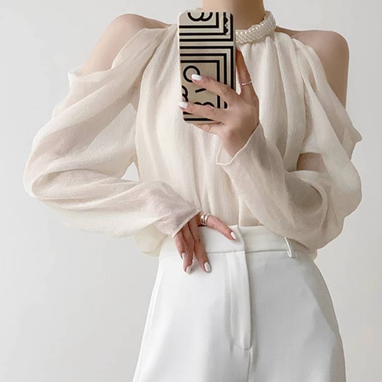 高品質新入 レディース トップス シャツ ブラウス 長袖 オフショルダー 透け感 シースルー 異国風 薄手 かわいい 大人可愛い きれいめ シンプル カジュアル 上品 おしゃれ かっこいい レトロ こ