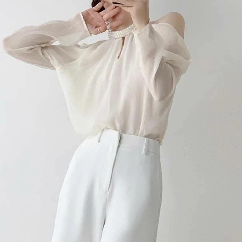 高品質新入 レディース トップス シャツ ブラウス 長袖 オフショルダー 透け感 シースルー 異国風 薄手 かわいい 大人可愛い きれいめ シンプル カジュアル 上品 おしゃれ かっこいい レトロ こ