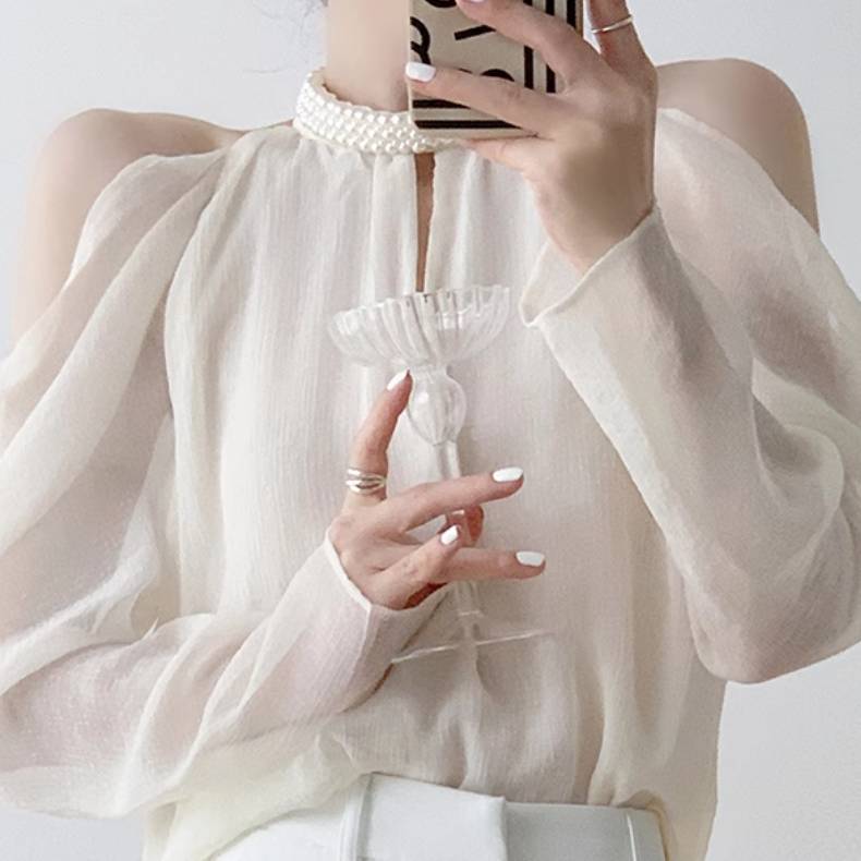 高品質新入 レディース トップス シャツ ブラウス 長袖 オフショルダー 透け感 シースルー 異国風 薄手 かわいい 大人可愛い きれいめ シンプル カジュアル 上品 おしゃれ かっこいい レトロ こ