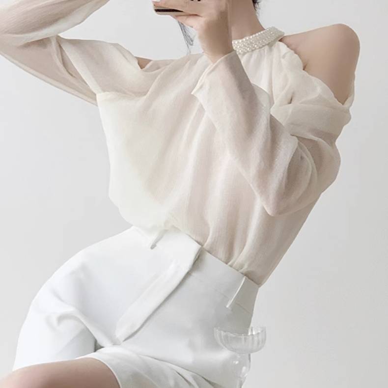 高品質新入 レディース トップス シャツ ブラウス 長袖 オフショルダー 透け感 シースルー 異国風 薄手 かわいい 大人可愛い きれいめ シンプル カジュアル 上品 おしゃれ かっこいい レトロ こ