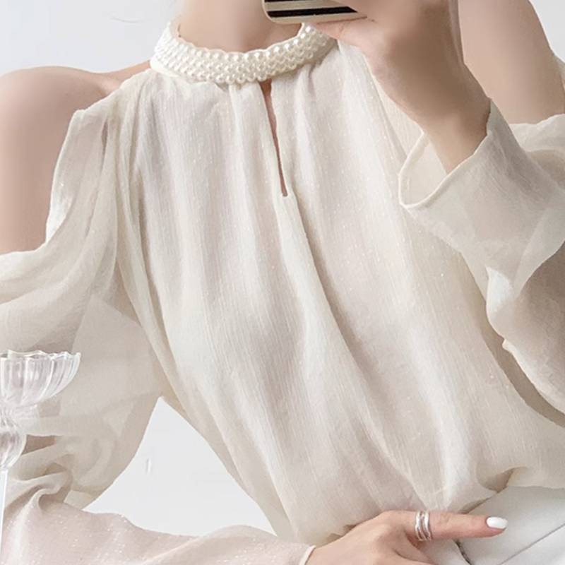 高品質新入 レディース トップス シャツ ブラウス 長袖 オフショルダー 透け感 シースルー 異国風 薄手 かわいい 大人可愛い きれいめ シンプル カジュアル 上品 おしゃれ かっこいい レトロ こ