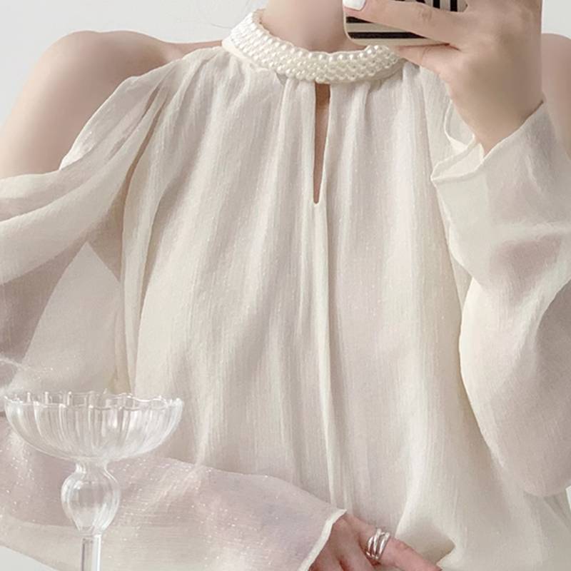 高品質新入 レディース トップス シャツ ブラウス 長袖 オフショルダー 透け感 シースルー 異国風 薄手 かわいい 大人可愛い きれいめ シンプル カジュアル 上品 おしゃれ かっこいい レトロ こ