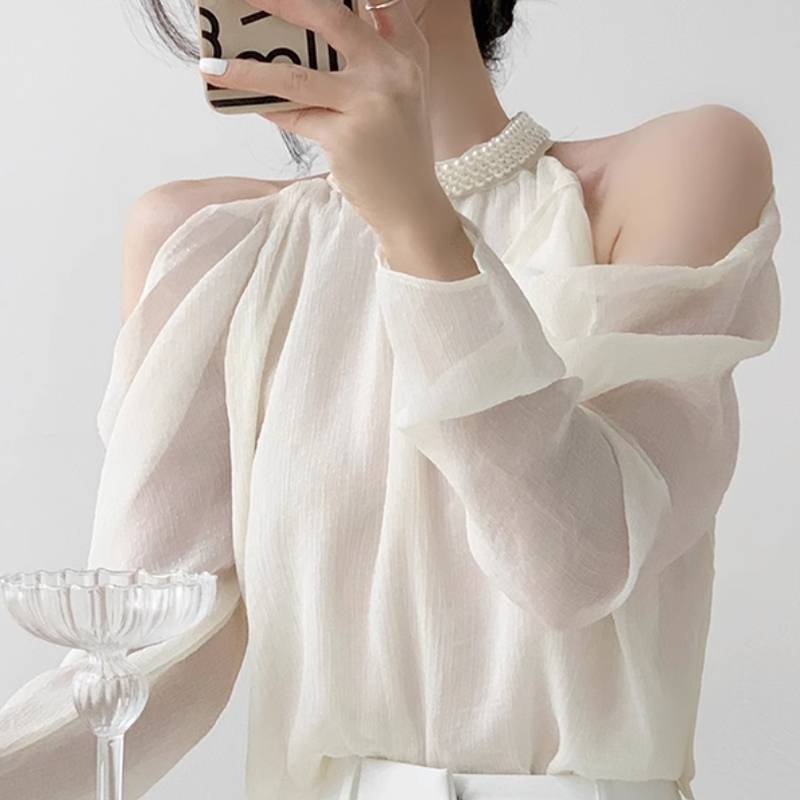 高品質新入 レディース トップス シャツ ブラウス 長袖 オフショルダー 透け感 シースルー 異国風 薄手 かわいい 大人可愛い きれいめ シンプル カジュアル 上品 おしゃれ かっこいい レトロ こ