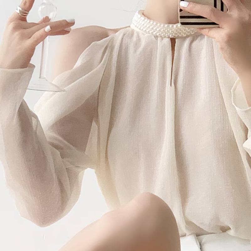 高品質新入 レディース トップス シャツ ブラウス 長袖 オフショルダー 透け感 シースルー 異国風 薄手 かわいい 大人可愛い きれいめ シンプル カジュアル 上品 おしゃれ かっこいい レトロ こ