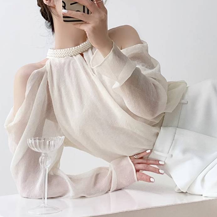 高品質新入 レディース トップス シャツ ブラウス 長袖 オフショルダー 透け感 シースルー 異国風 薄手 かわいい 大人可愛い きれいめ シンプル カジュアル 上品 おしゃれ かっこいい レトロ こ