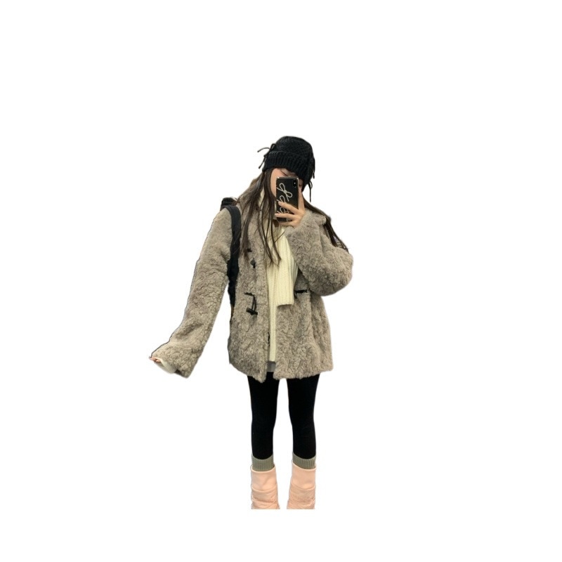 【早い者勝ち!】スタンドカラー ホーンボタン ミドル丈 イミテーションラムファー コート レディース ファー オールインワン トップス 冬暖かい 【早い者勝ち!】スタンドカラー ホーンボタン ミドル丈 イミテーションラムファー コート レディース ファー オールインワン トップス 冬暖かい