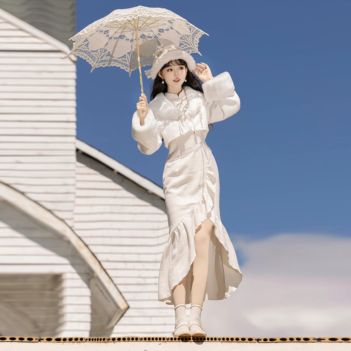 正規品白月光新韓国民魚尾ワンピース長袖コート秋冬セット 正規品白月光新韓国民魚尾ワンピース長袖コート秋冬セット