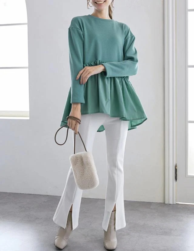 裏起毛 あったか プルオーバー トップス レディース ロンT スウェット ペプラム 異素材 切り替え 裾フレア チュニック 体型カバー 大人可愛い きれいめ 大人カジュアル 春 秋 冬