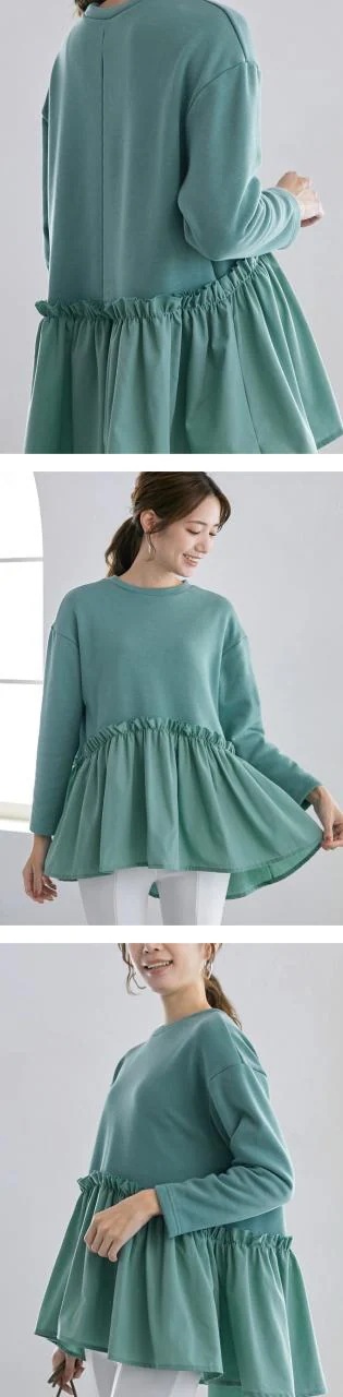 裏起毛 あったか プルオーバー トップス レディース ロンT スウェット ペプラム 異素材 切り替え 裾フレア チュニック 体型カバー 大人可愛い きれいめ 大人カジュアル 春 秋 冬