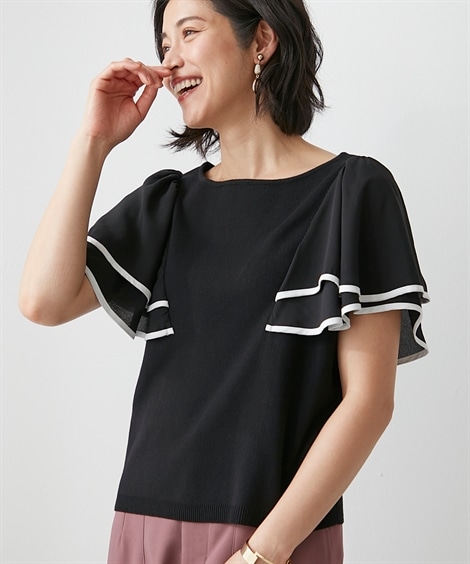 Tシャツカットソー 異素材使い袖フレアニットトップス Hana服
