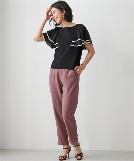 Tシャツカットソー 異素材使い袖フレアニットトップス Hana服