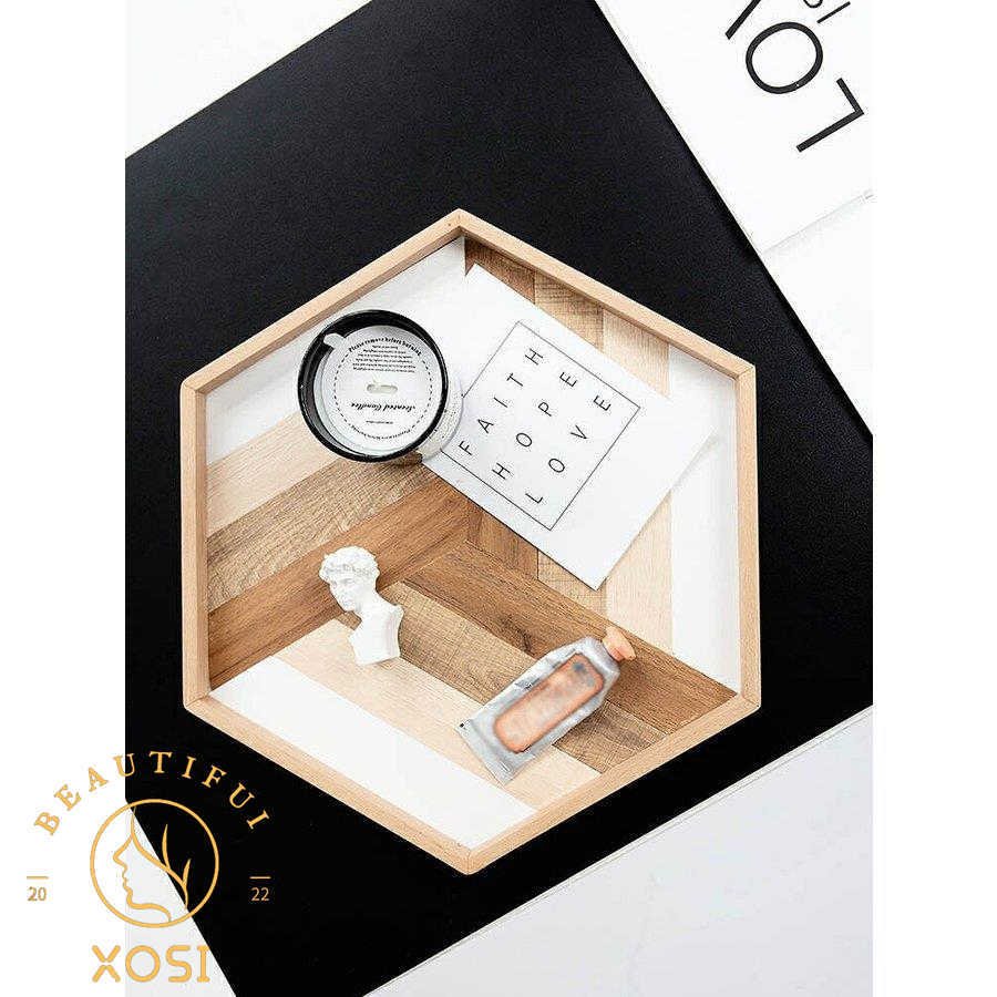トレー 六角形 ウッド調 お盆 カフェ風 キッチン小物 キッチン用品 テーブルコーディネート ギフト ブラウン ホワイト スタイリッシュ/[amk38]