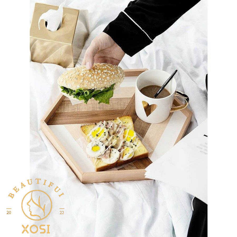 トレー 六角形 ウッド調 お盆 カフェ風 キッチン小物 キッチン用品 テーブルコーディネート ギフト ブラウン ホワイト スタイリッシュ/[amk38]