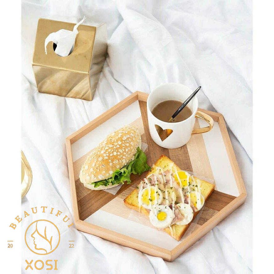 トレー 六角形 ウッド調 お盆 カフェ風 キッチン小物 キッチン用品 テーブルコーディネート ギフト ブラウン ホワイト スタイリッシュ/[amk38]