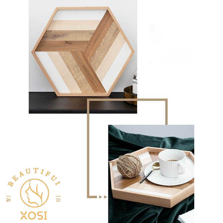 トレー 六角形 ウッド調 お盆 カフェ風 キッチン小物 キッチン用品 テーブルコーディネート ギフト ブラウン ホワイト スタイリッシュ/[amk38]