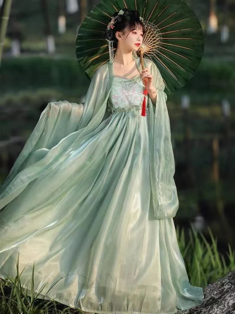 唐製漢服の女性用ミロバランスカート古代緑のワイドスリーブ妖精スカート超妖精のエレガントで改良されたドレス 唐製漢服の女性用ミロバランスカート古代緑のワイドスリーブ妖精スカート超妖精のエレガントで改良されたドレス