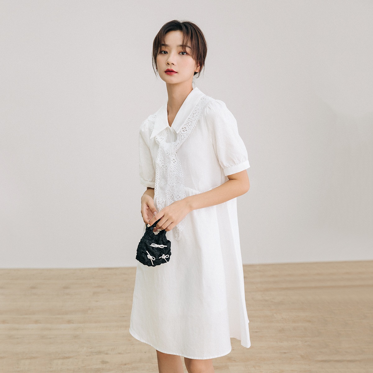 ワンピース レディース 半袖 オフィス 夏 大きいサイズ 5分袖 vネック フレンチスリーブシャツ